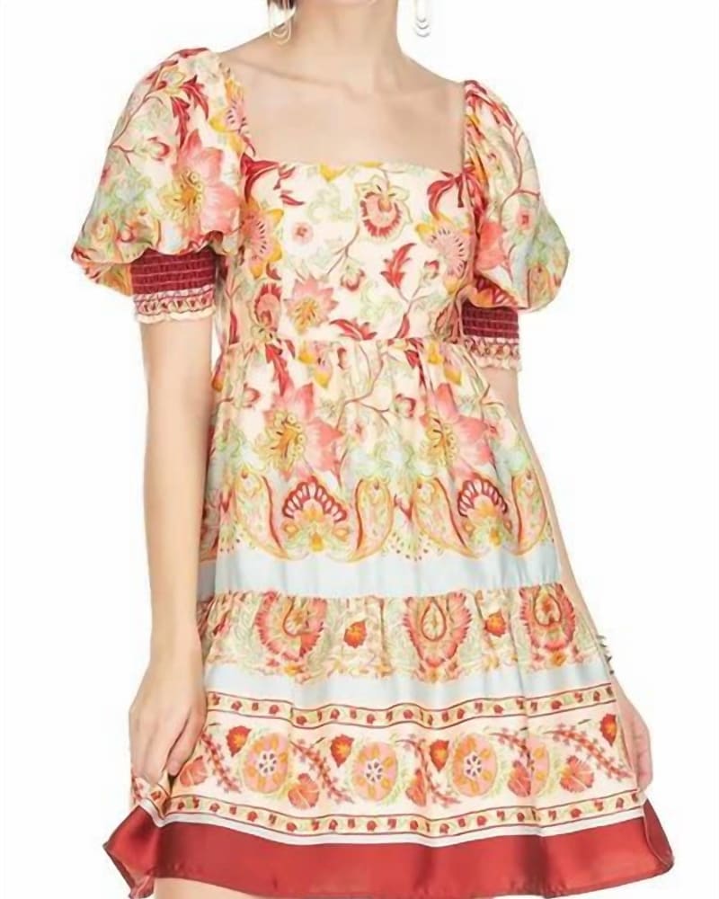 Front of a model wearing a size L Puff Sleeve Bustier Dress In Floral in Floral by Joy Joy. | dia_product_style_image_id:342202